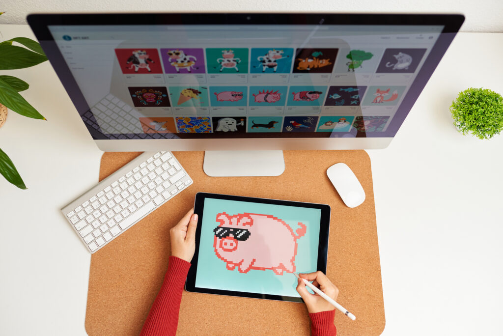 A woman skillfully sketching a pig on a tablet computer, exploring creative ways to make money off steam as an artist.