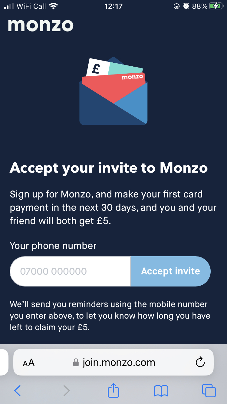 Screenshot of the Monzo mobile app referral screen saying you will get £5 free money when you sign up.