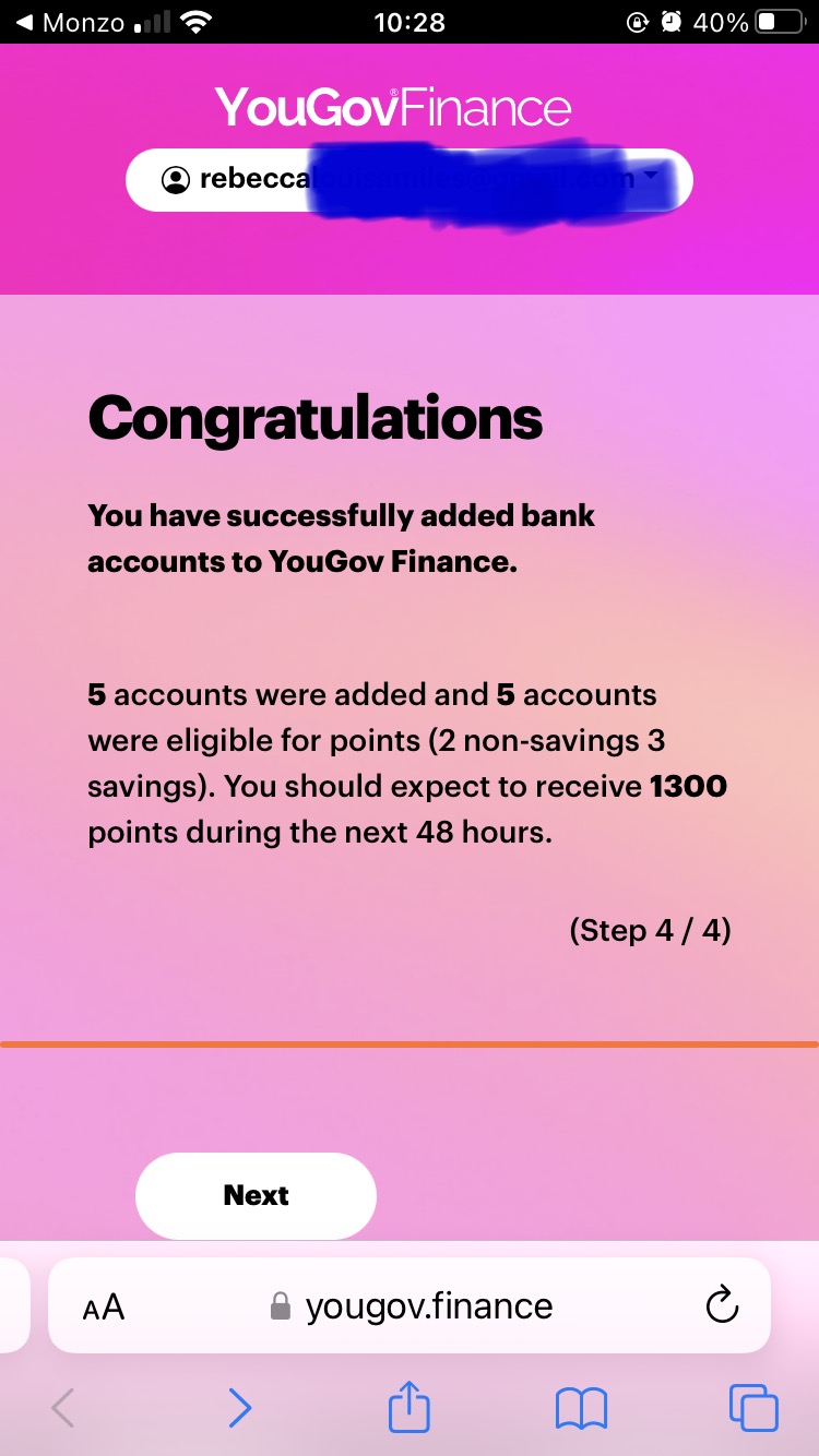 A screenshot of the YouGov Finance app displaying financial information on an iPhone. This is one of the easiest ways to get free money instantly in the UK, just by connecting your bank accounts.