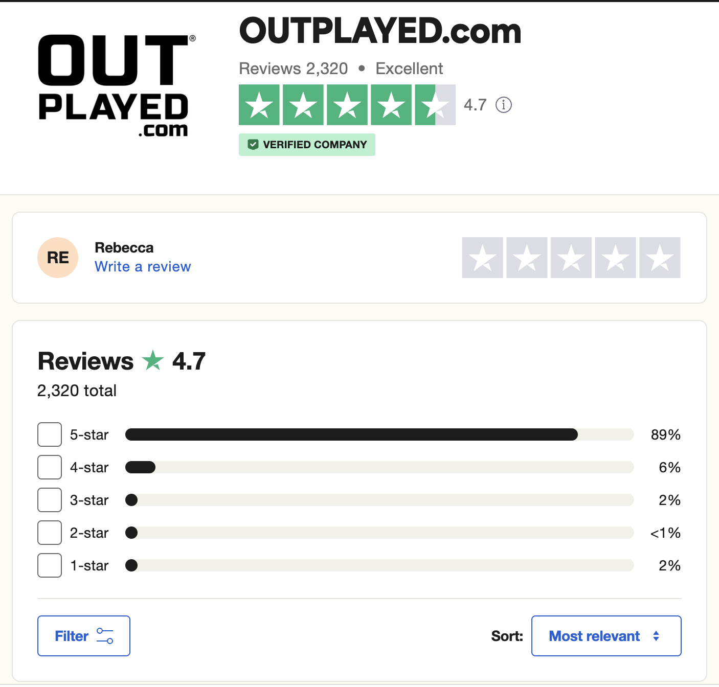 Screenshot of Outplayed's Trustpilot review page, showing an average score of 4.7