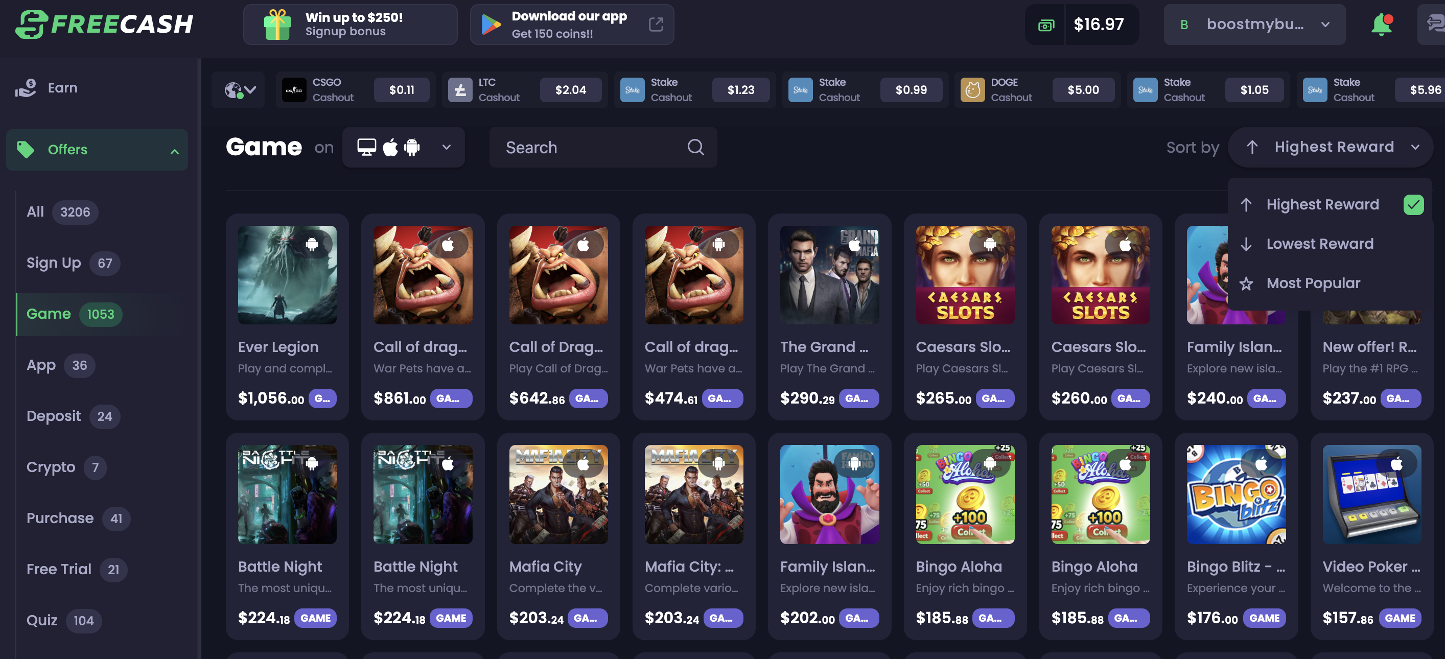 screenshot of freecash website showing some games you can get paid to play