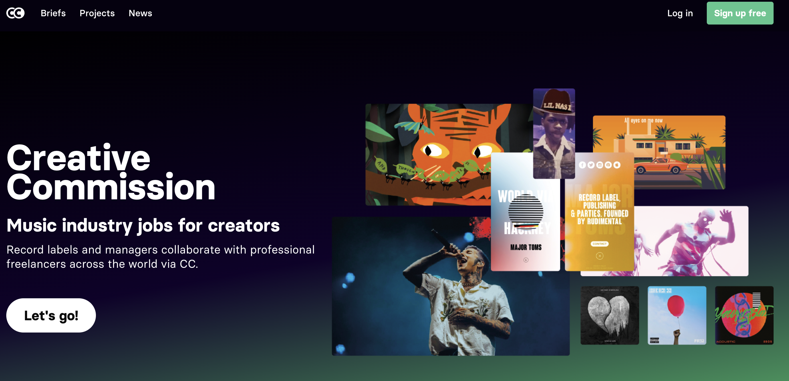 screenshot of the homepage of creative commission, showcasing artwork and photographs related to the music industry, with a call-to-action button for users to get paid to write song lyrics.