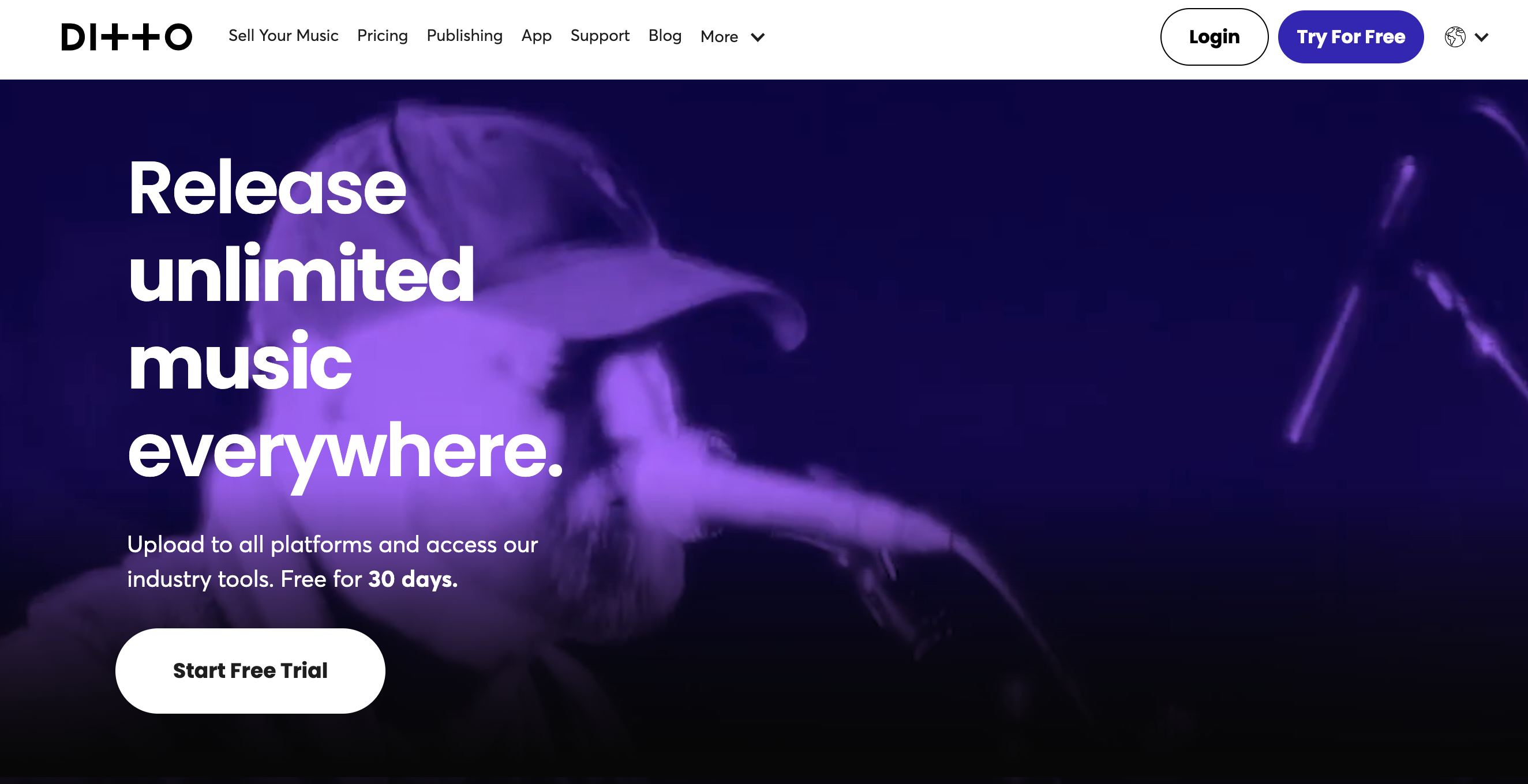 screenshot of the webpage of Ditto, a music distribution service offering a free trial to release unlimited music and get paid to write song lyrics.