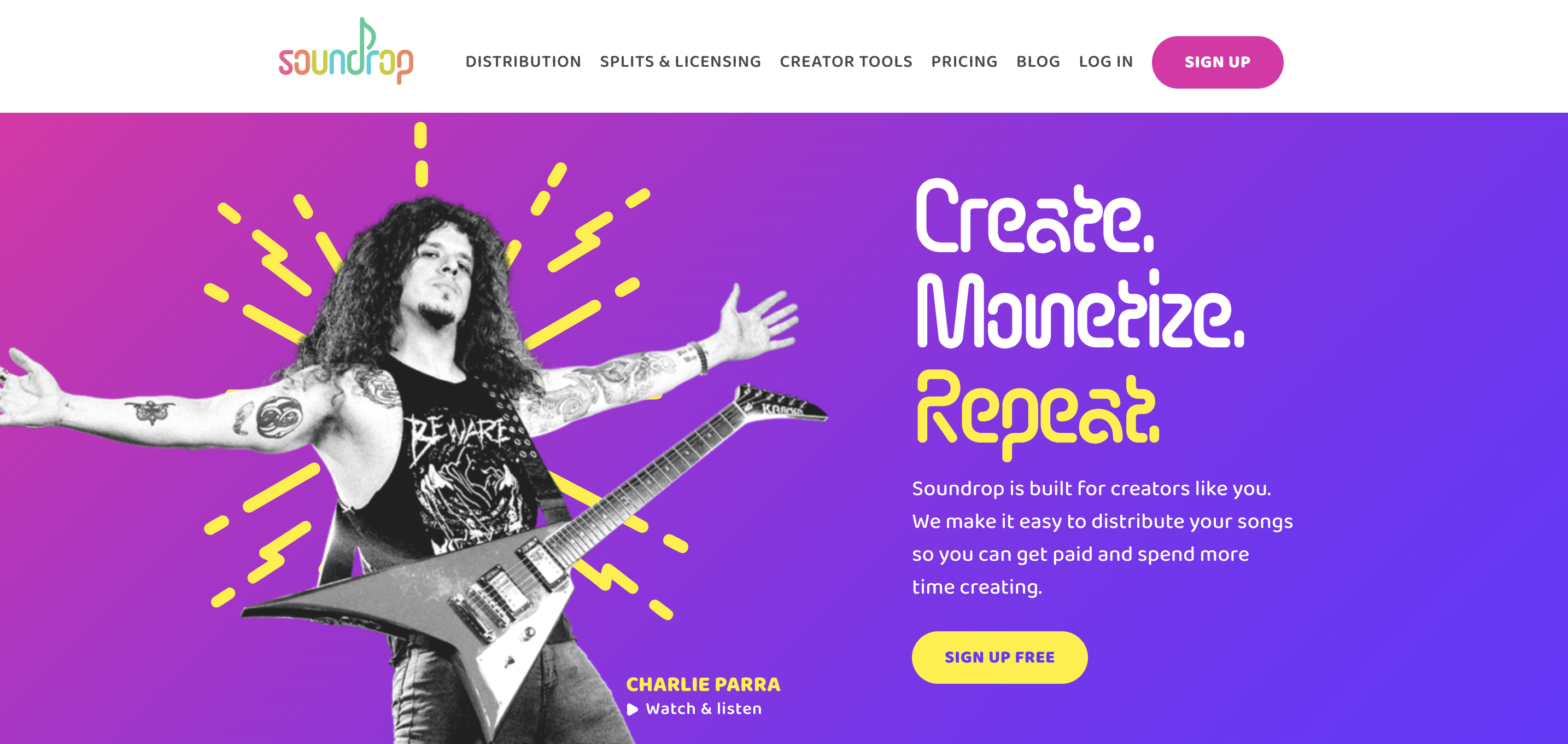 Screenshot of the website Soundrop, showing a Rock musician with a guitar standing with arms wide open on a website promoting music creation, distribution services, and opportunities to get paid to write song lyrics.