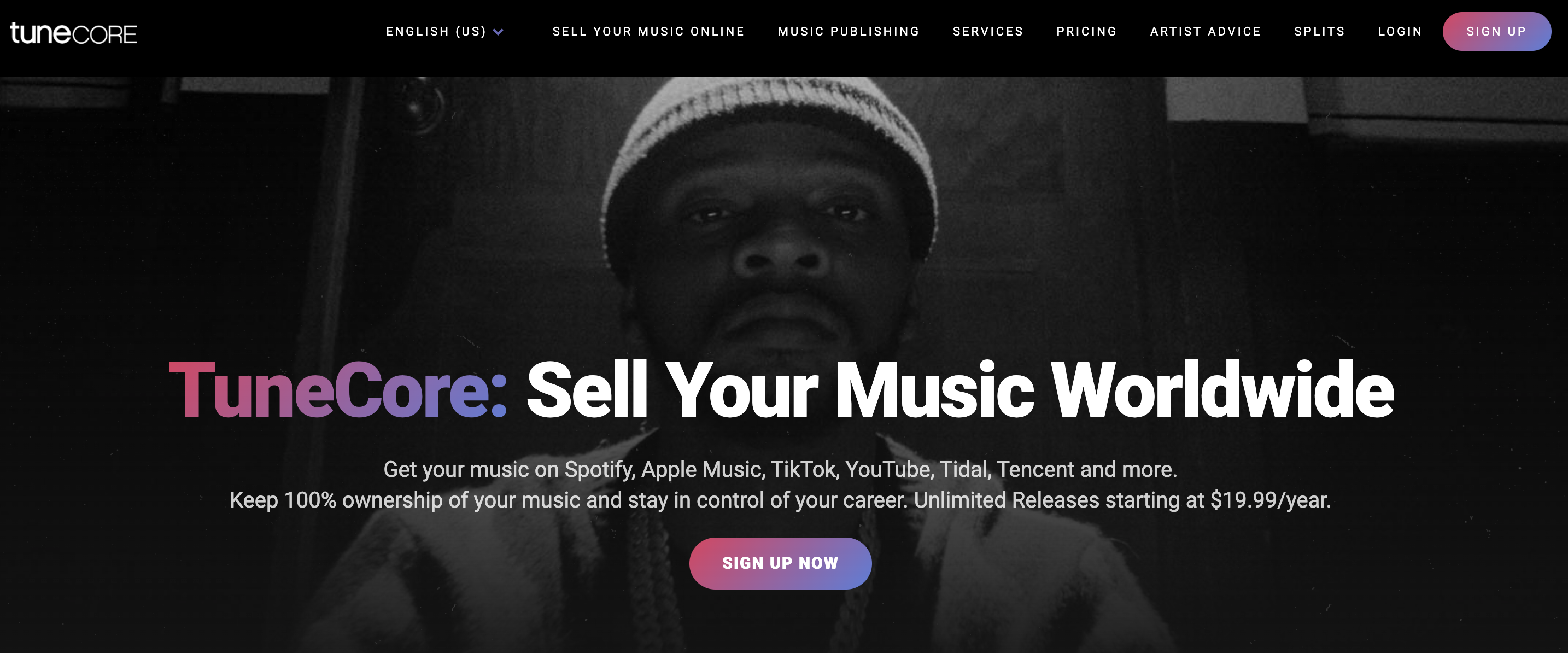 SCreenshot of Web page header for TuneCore featuring an image of a person wearing a beanie and headphones with text promoting music distribution services.