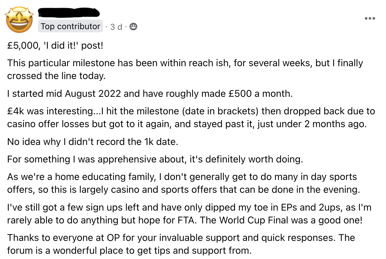 Screenshot from the Outplayed Facebook group where one member shares how they made on average £500 per month since starting matched betting.