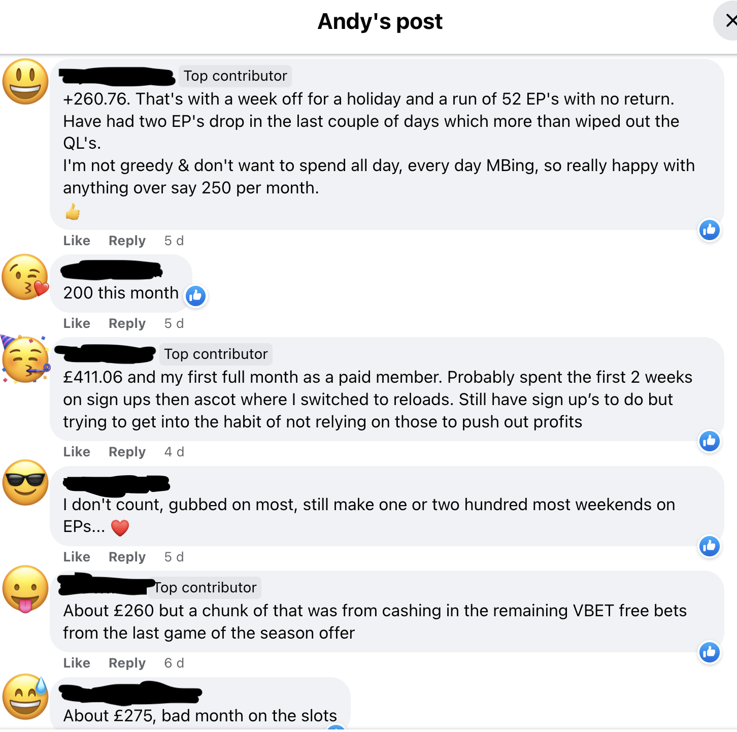 Screenshot from the Outplayed Facebook group where various people answer the question 'how much did you make last month matched betting?'