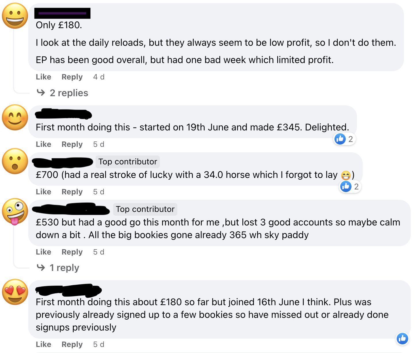 Screenshot from the Outplayed Facebook group where various people answer the question 'how much did you make last month matched betting?'