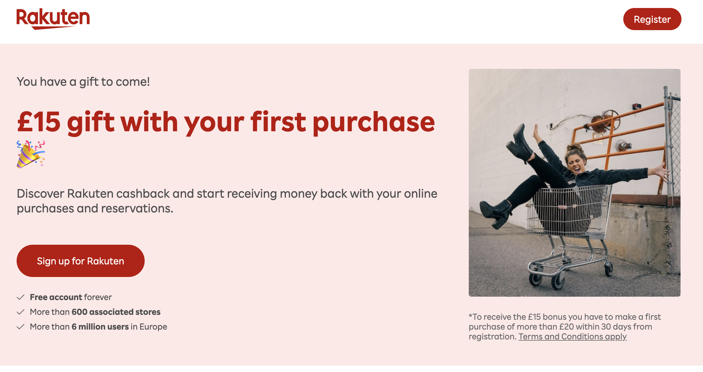 A screenshot of the Rakuten landing page offering a £15 free money with your initial purchase in the UK.
