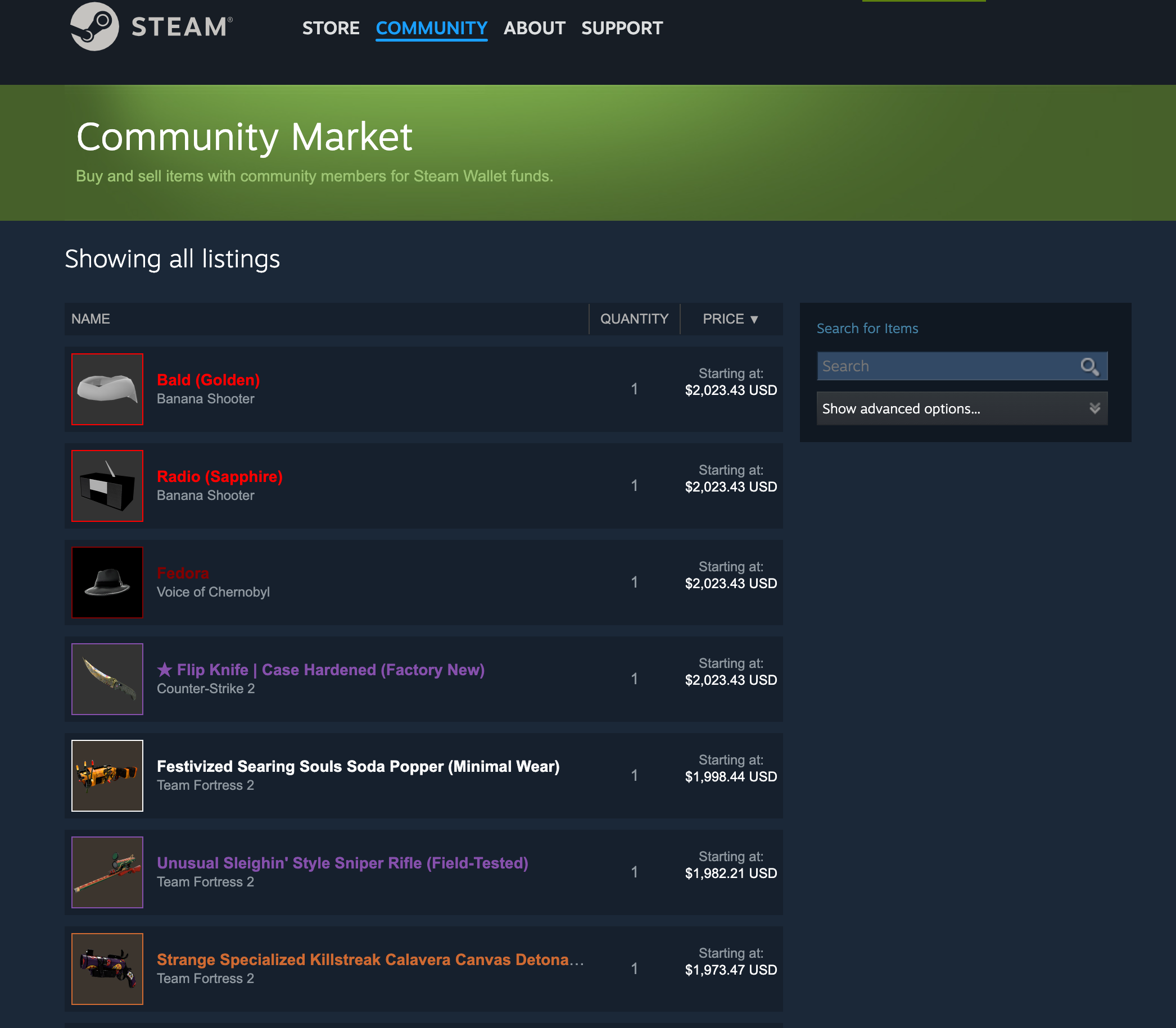 Learn how to make money off the Steam Community Market with this screenshot of the top valuable items.
