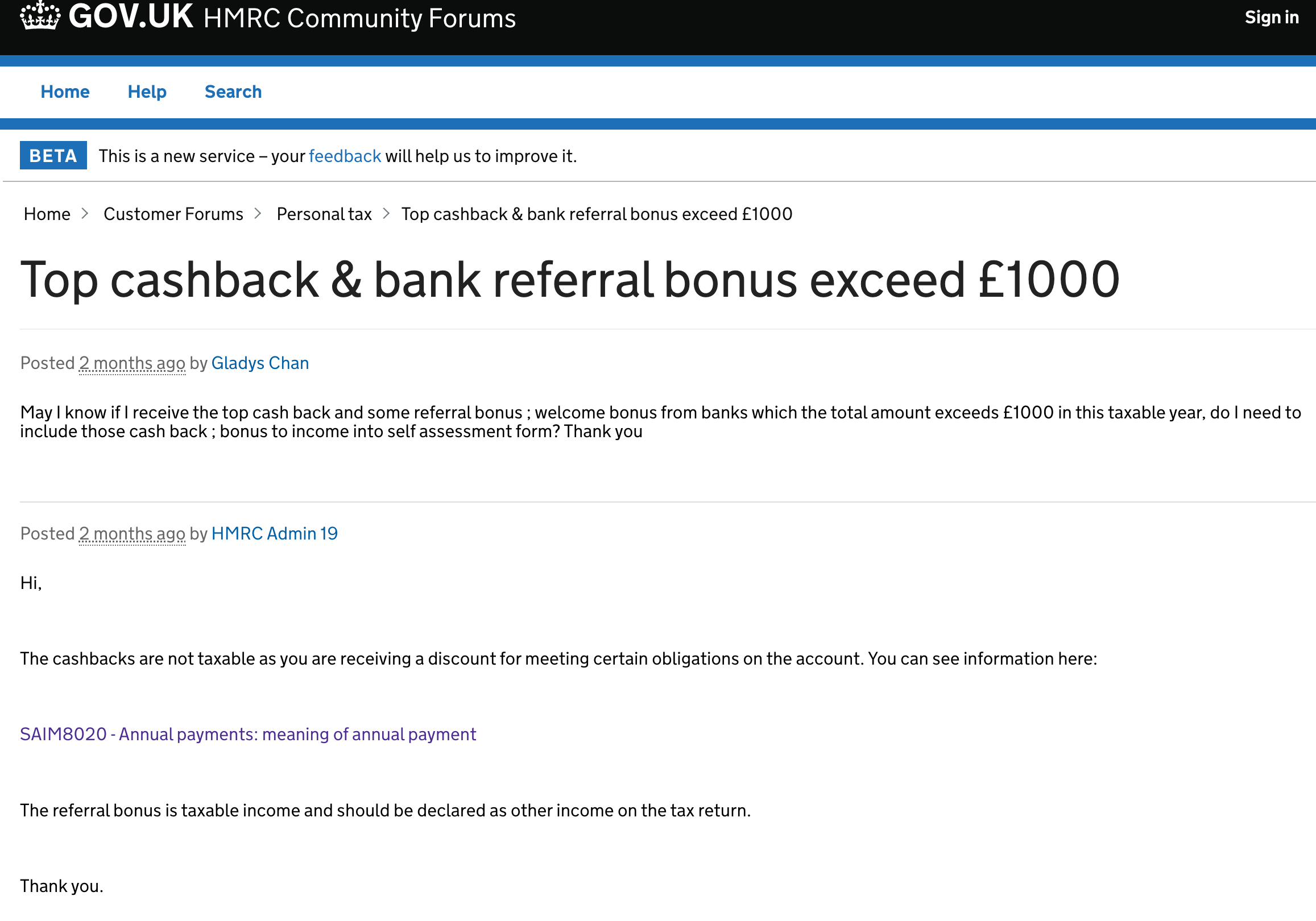 Screenshot of HMRC website where a user asks if cashback income is tax free (it's not)