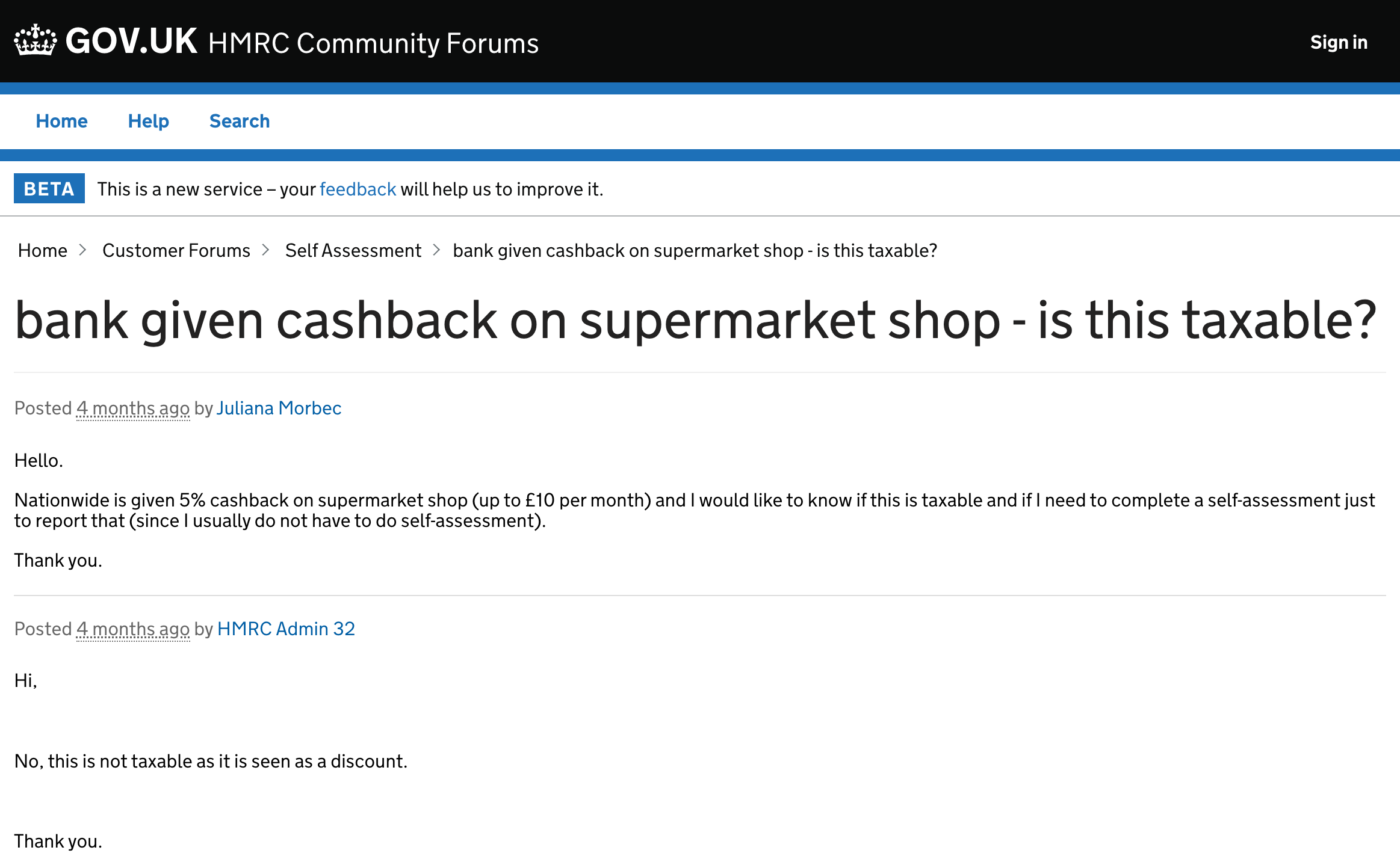 A screenshot of the HMRC website where a user asks whether cashback income is taxable (answer: it's not)