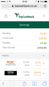 My TopCashback earnings