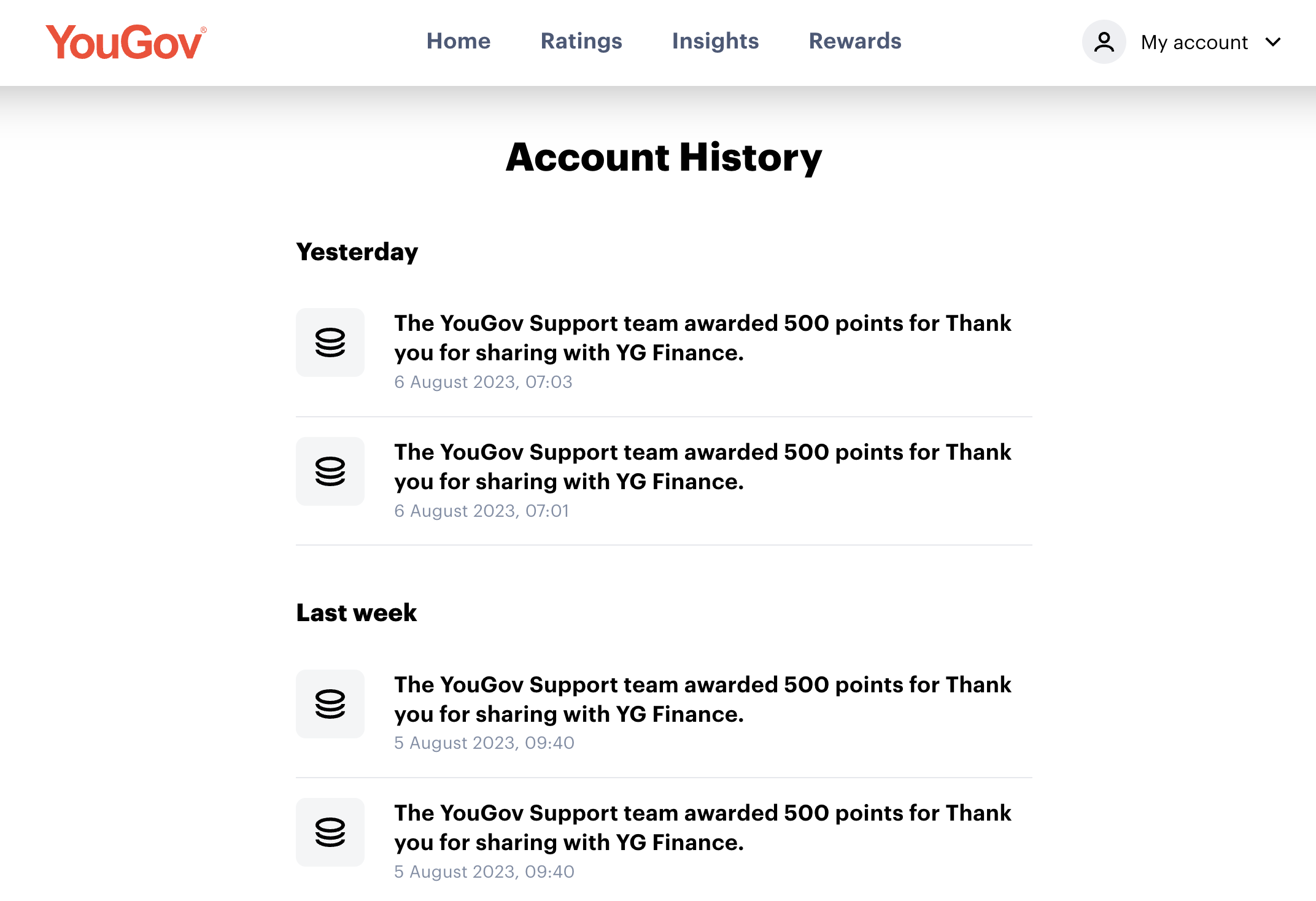 A screenshot of the YouGov account history page, providing a quick view of earnings and transactions - the user has earned £20 cash over the last 2 days.