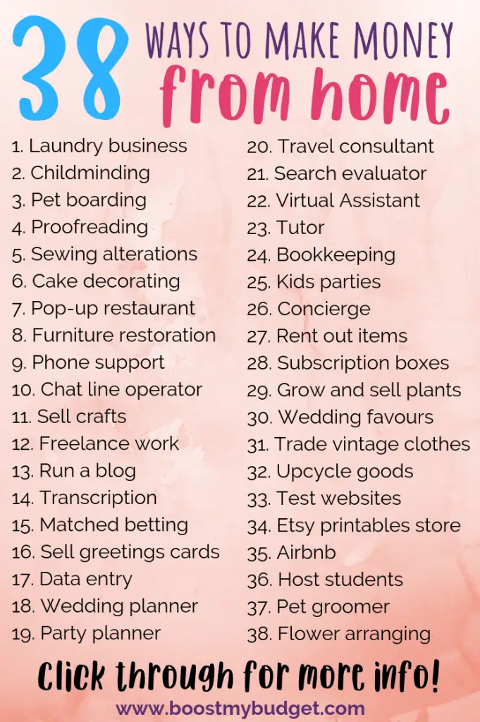 38 ways to make money from home! You're bound to find your ideal work at home job on this list. Please pin and save for later! :)