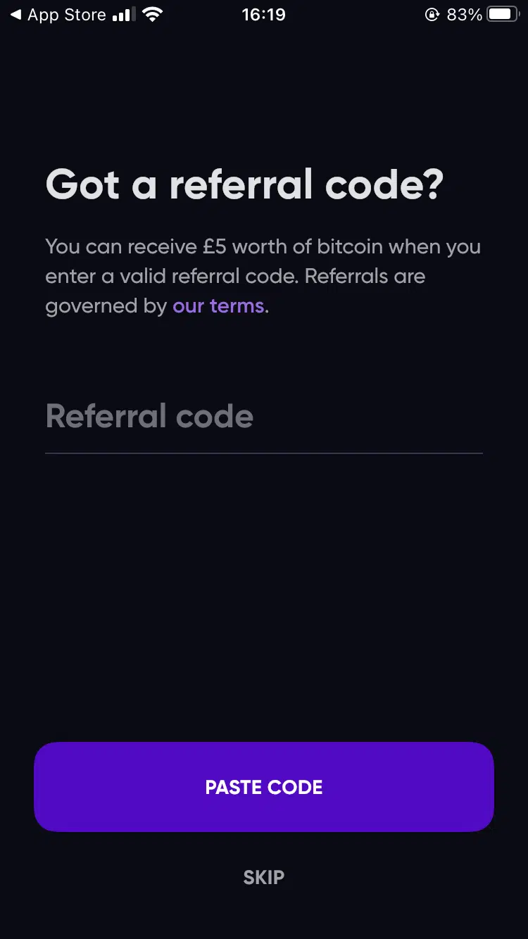 Bottlepay app screenshot showing where to enter your referral code for £5 free