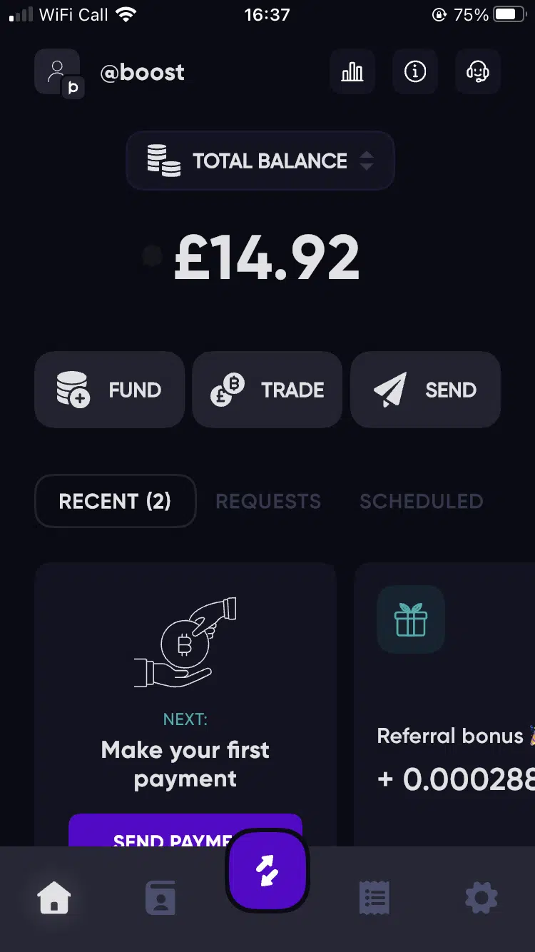 bottlepay app screenshot showing free £5 bonus in account