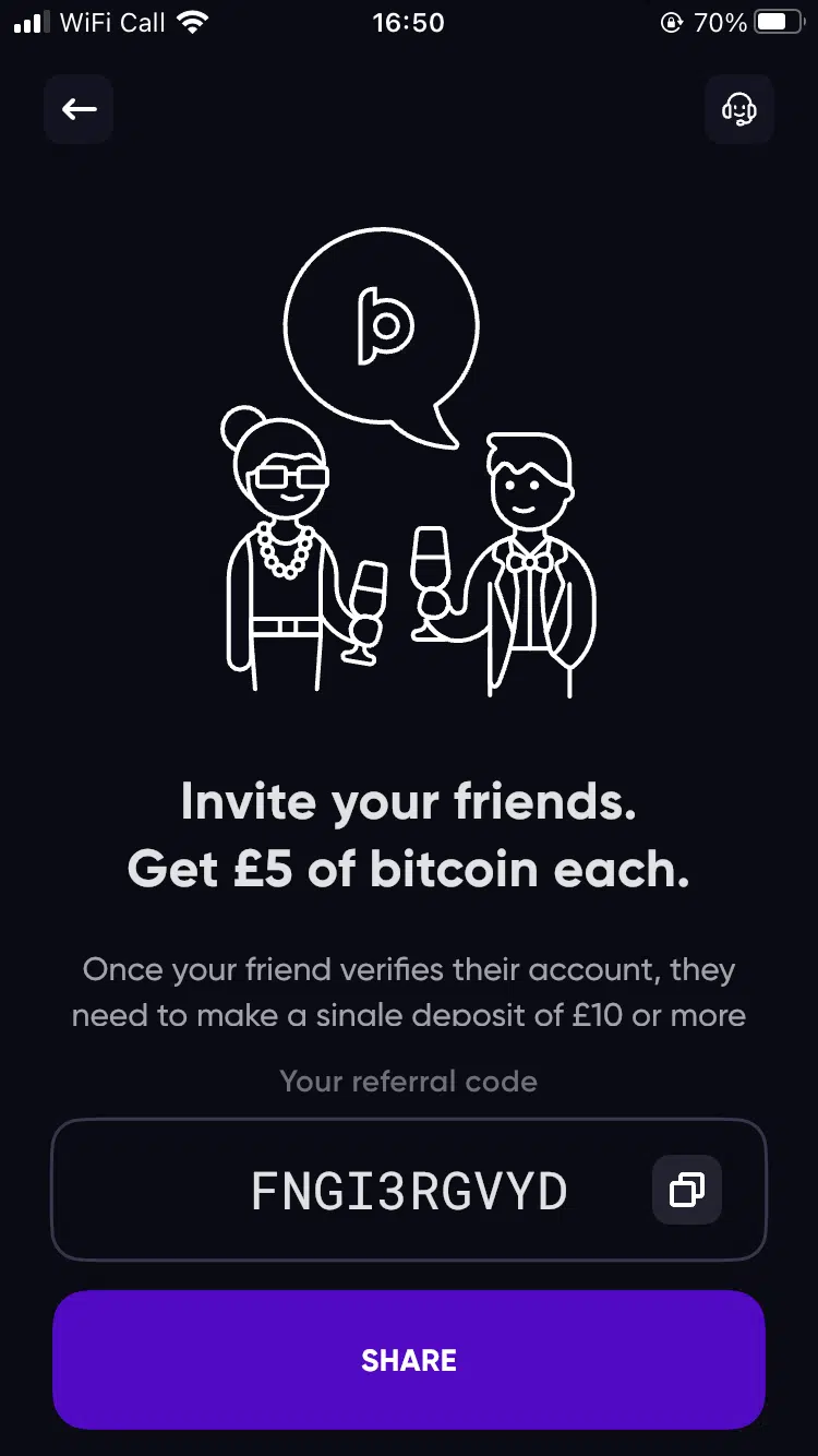 bottlepay app screenshot showing refer a friend code