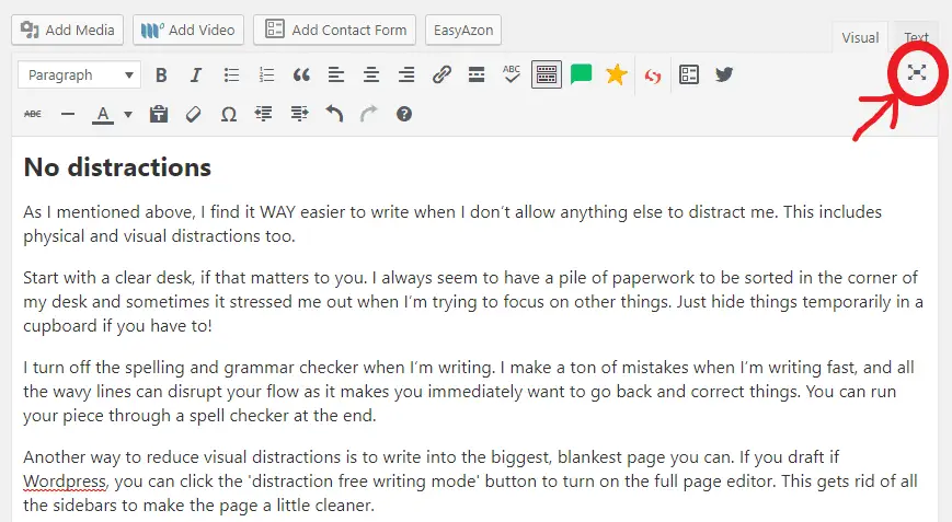 screenshot showing the location of the distraction free writing mode button in WordPress