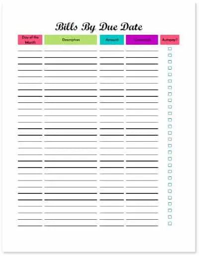 free budget printables - Bills by Due Date