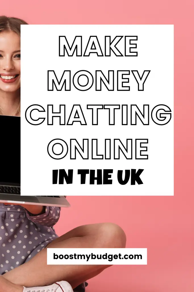 Text overlay: make money chatting online in the UK. Background: smiling woman on laptop, pink background.