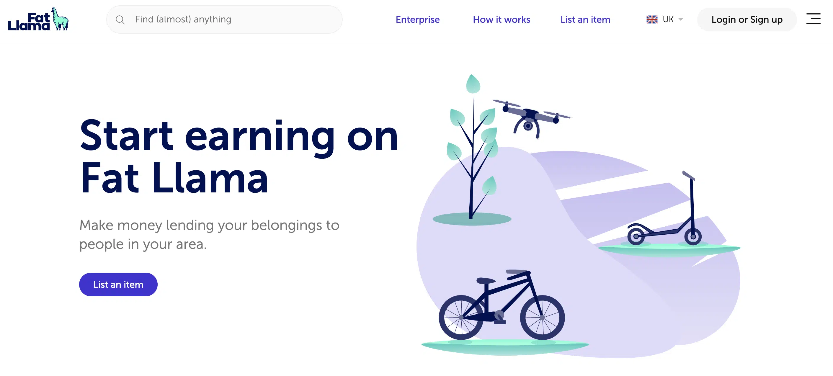 A screenshot from the website Fat Llama, where you can make extra money renting out objects such as bikes, cameras, drones and more.