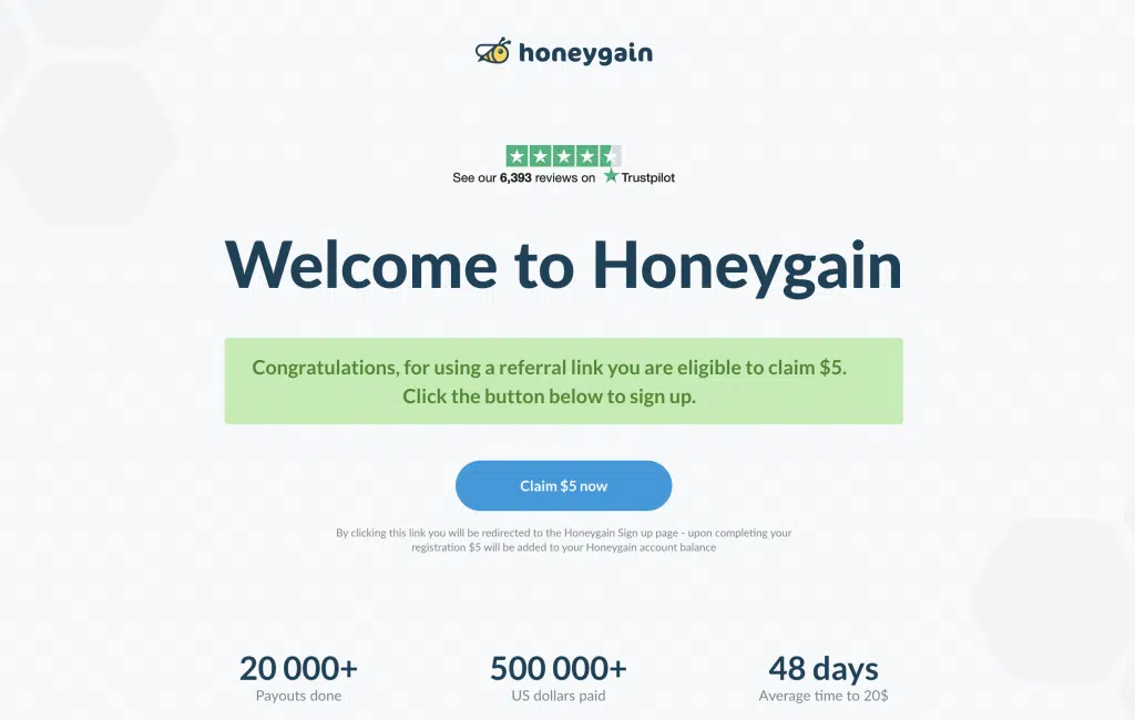 A screenshot from the website Honeygain, where you can earn extra money online for sharing your internet bandwith. The screenshot shows the text 'welcome to Honeygain' and it shows a special offer of $5 for signing up with a referral link.