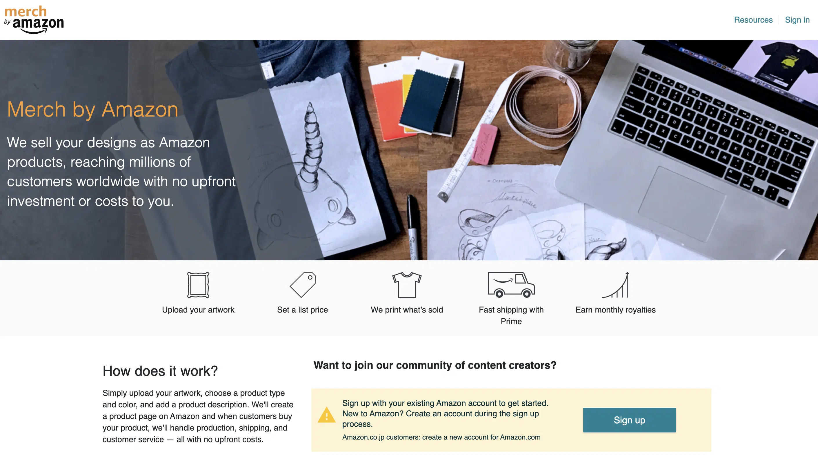 A screenshot of the homepage of Merch By Amazon, where you can earn extra money by designing T shirts and other items on a 'print on demand' model.