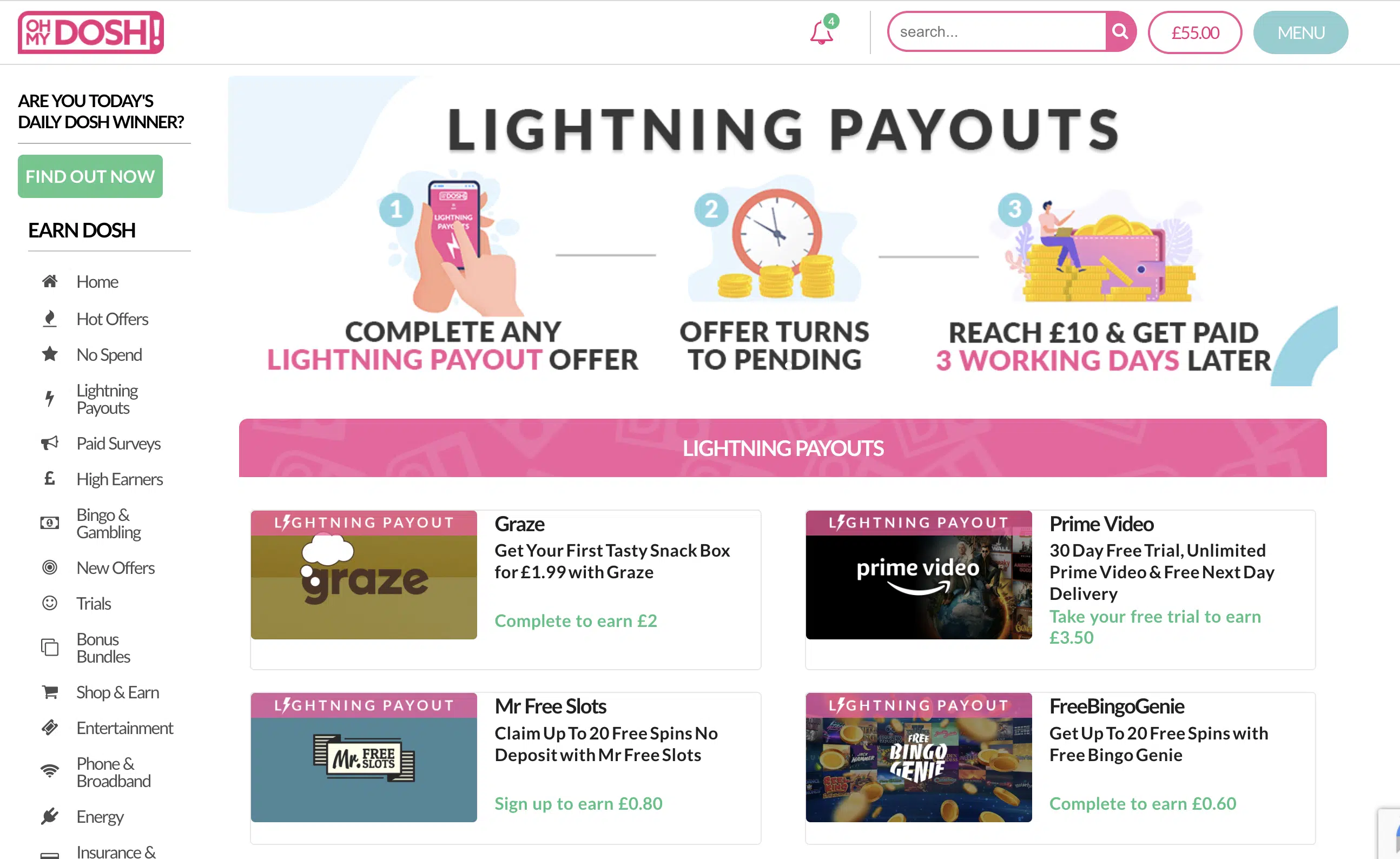 Screenshot of OhMyDosh!, a website to make extra money online in the UK, showing the 'lightening payouts' section. If you complete these offers and earn at least £10 you can get the money within three days.