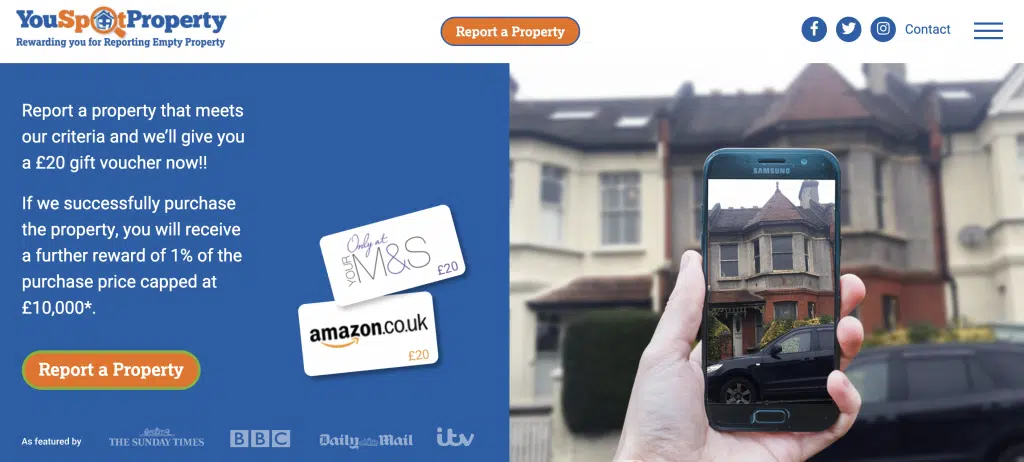 A screenshot from the website YouSpotProperty, a way of making extra cash in the UK. The website advertises a free Amazon voucher for reporting an eligible property, and a potential share of the property value if it is purchased following your nomination.