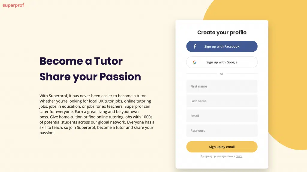 Screenshot of the website Superprof, which allows you to make extra money in the UK by tutoring online. The text reads 'become a tutor, share your passion'.
