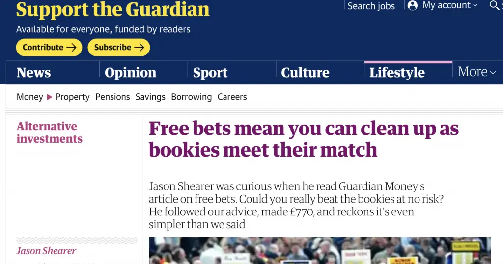 a screenshot of a Guardian article on matched betting, titled 'free bets mean you can clean up as bookies meet their match'