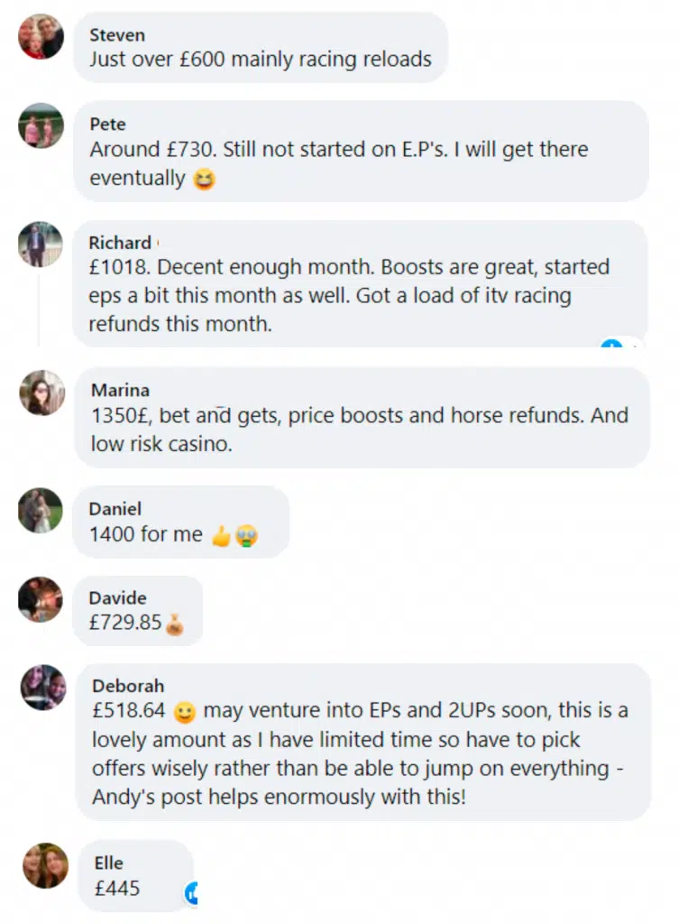 screenshot of a selection of facebook posts where people share profits they made matched betting in a month,. Amounts range from £445 to £1400