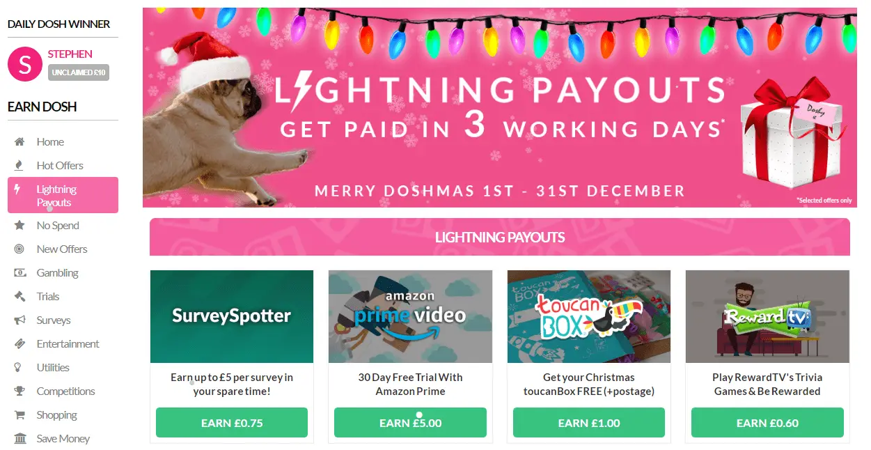 oh my dosh screenshot showing fast paying lightning payout section