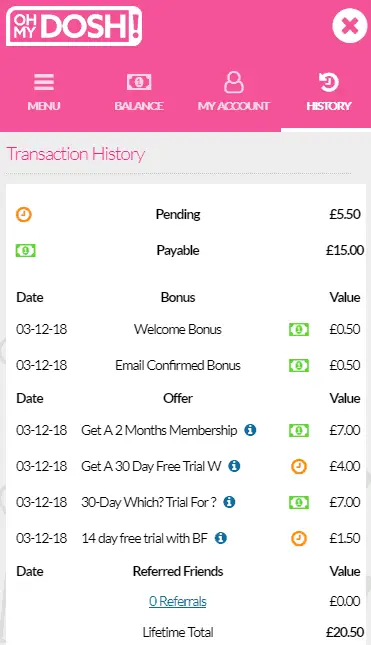 oh my dosh screenshot showing the offers I completed to earn over £20 in 30 minutes