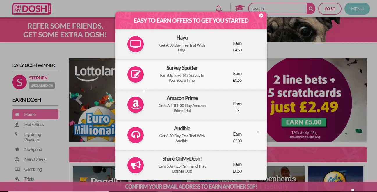 oh my dosh screenshot showing different offers to make money online
