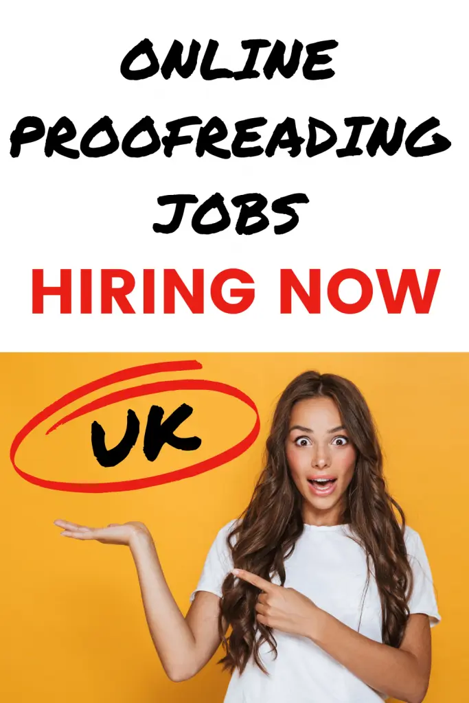 Pinterest image, girl in white top on yellow background with text overlay: online proofreading jobs hiring now UK