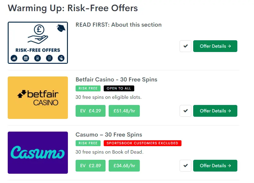 screenshot of bonus accumulator's risk free offers